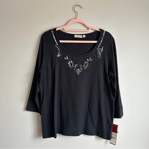 NWT Weekend Choices Black Beaded Sequin Top L